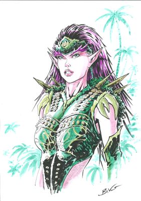 une image représentant le dessin d'une femme aux cheveux verts et violets