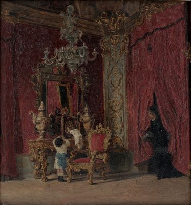 une image représentant un tableau où l'on voit une femme et un enfant dans une pièce rouge