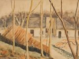 un tableau représentant une maison dans les bois, avec une clôture