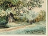 a watercolor painting of a bench under a tree