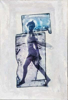 a picture of a man walking in a glass case