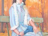 a painting of a woman sitting on a bench