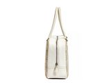a white handbag with a zipper on the front and a zipper on the back