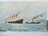 a painting of two ships in the water with smoke coming out of them