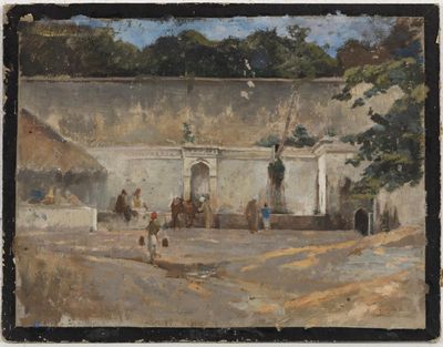 tableau représentant une scène de rue avec des personnages et des chevaux devant un bâtiment