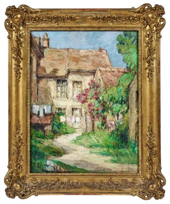 une peinture à l'huile représentant une maison avec un chemin devant