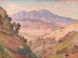 une peinture à l'huile représentant un paysage de montagne avec une vallée au premier plan