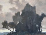 painting of a landscape with a body of water and trees in the foreground