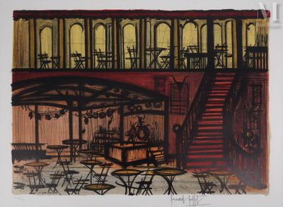 une image représentant un dessin d'un restaurant avec des tables et des chaises