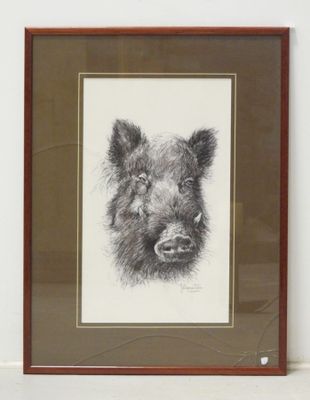 un dessin en noir et blanc représentant un cochon, dans un cadre