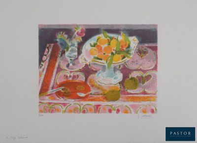 a picture of a painting of fruit and flowers on a table