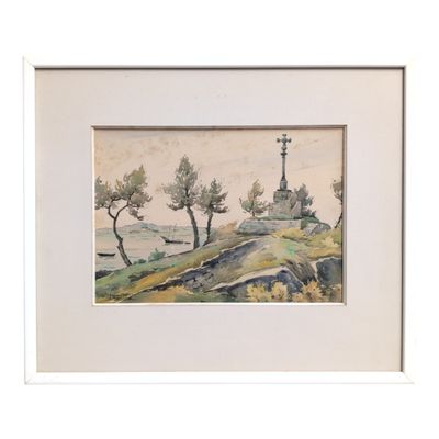 an image of a watercolor painting of a landscape with trees