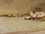 an image of a painting of a snowy landscape with houses