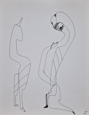 a black and white drawing of two people standing next to each other