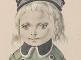 painting of a little girl in a green dress with a hat on