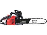 a black and red chainsaw with a red handle on a white background