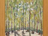une peinture à l'huile représentant une scène de forêt avec un banc au premier plan