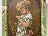painting of a young girl in a striped dress holding a flower