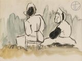drawing of two people sitting on a chair with a peace sign in the background