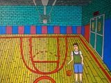 un tableau représentant un garçon jouant au basket sur un terrain