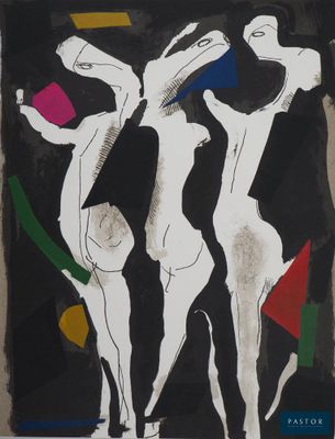 painting of three nudes in a black and white frame with a black background