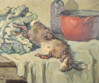 un tableau représentant un chien allongé sur une table, à côté d'un bol de brocolis