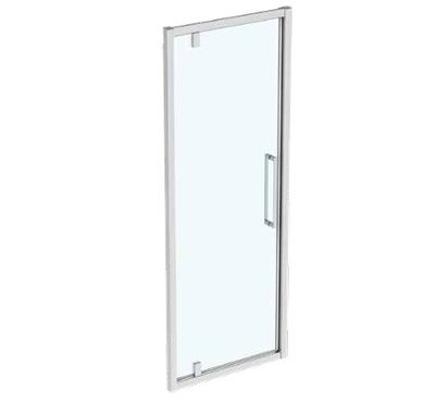 un gros plan d'une porte de douche en verre sur fond blanc