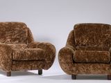 pair of mid century modern lounge chairs in brown chenille upholstered upholstered