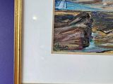 a picture of a painting hanging on a purple wall