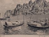 many boats that are in the water near a mountain