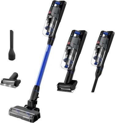 a close up of four vacuums and a brush on a white background