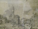a drawing of a city street with a clock tower in the background