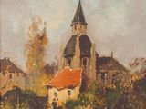painting of a church with a steeple and a path in front of it