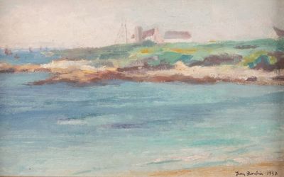 tableau représentant une vue de plage avec un bateau dans l'eau