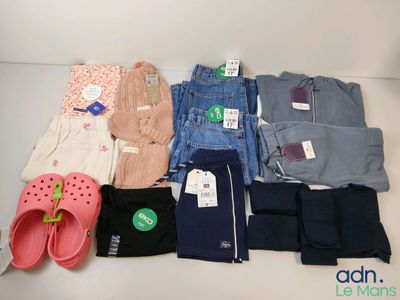 many pairs of pants and shoes on the table