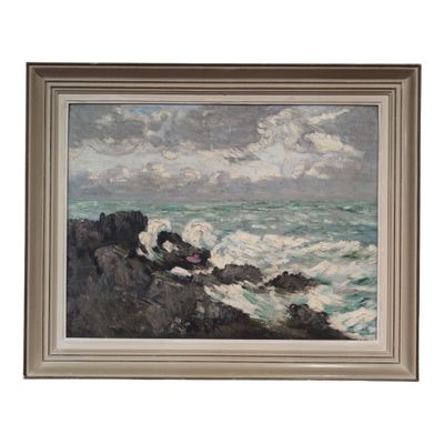 a painting of waves crashing on a rocky shore with a boat in the distance