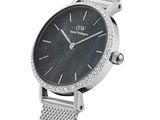 an image of a women ' s watch with a black dial and a mesh bracelet