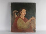 an old painting of a man holding a bird on a shelf