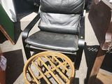 a chair and a table in a garage