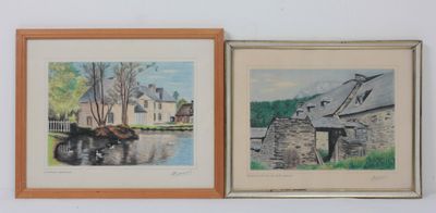 une peinture représentant une scène de vie à la ferme et une aquarelle représentant une maison