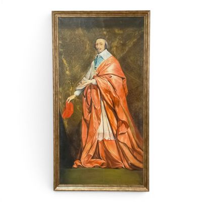 un vieux tableau représentant un homme vêtu d'une robe rouge tenant un éventail