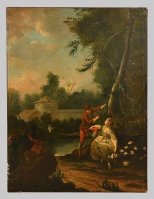 un tableau représentant deux hommes et une femme dans un paysage boisé