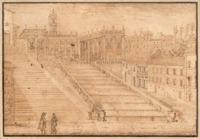 an old drawing of a large building with a clock tower in the background