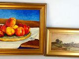 two paintings of peaches and a bowl of peaches on a table