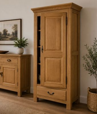 une armoire en bois dont la porte est ouverte, dans un salon