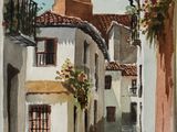 painting of a narrow street with a church steeple in the background