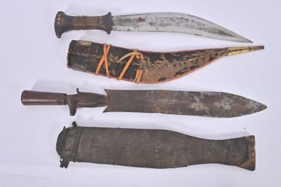 several different types of knives are displayed on a white surface