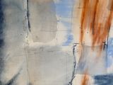 peinture abstraite représentant une orange, du blanc et du bleu sur une feuille de papier