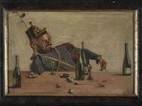 an image of a painting of a man sitting at a table with a bottle of wine in front of him