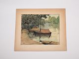 an image of a watercolor painting of a boat on a lake